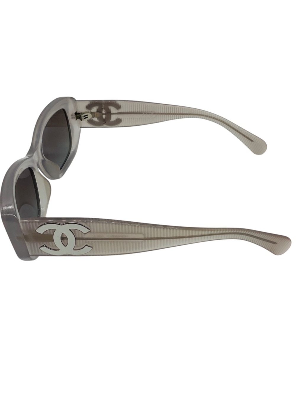 CHANEL MILKY GREY / SILVER CC LOGO FROSTED RECTANGULAR ACETATE SUNGLASSES - Picture 5 of 9